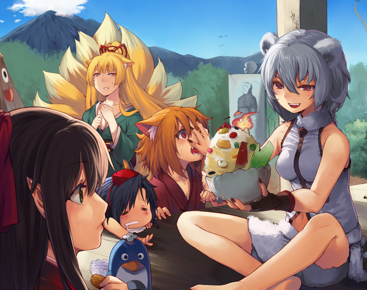 aki_(mare_desiderii), animal_ears, doggirl, food, foxgirl, hat, multiple_tails, original