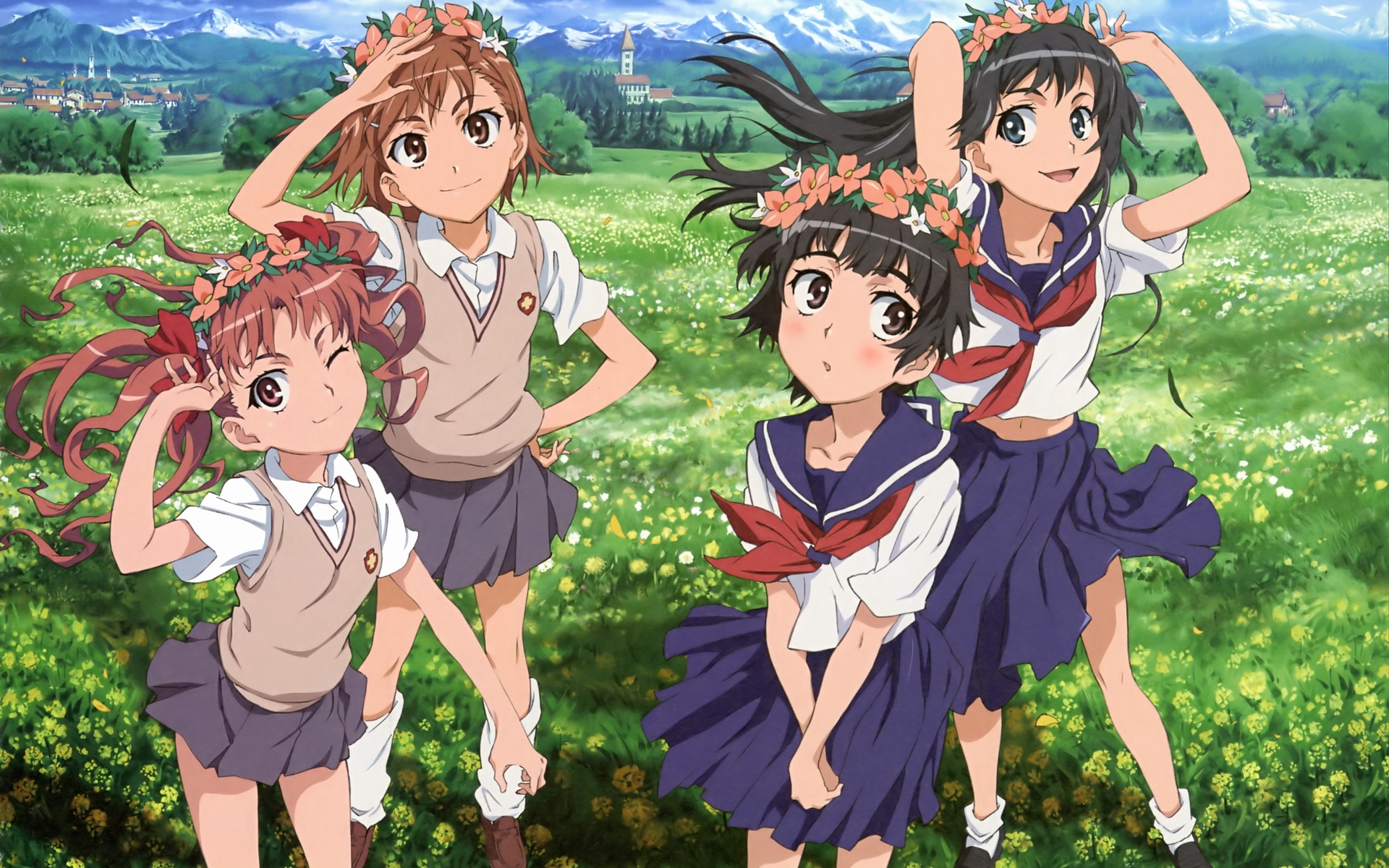 black_hair, blue_eyes, bow, brown_eyes, brown_hair, building, flowers, grass, headdress, kneehighs, landscape, long_hair, misaka_mikoto, nishimura_hiroyuki, pink_eyes, saten_ruiko, scenic, school_uniform, shirai_kuroko, short_hair, skirt, socks, to_aru_kagaku_no_railgun, to_aru_majutsu_no_index, tree, twintails, uiharu_kazari