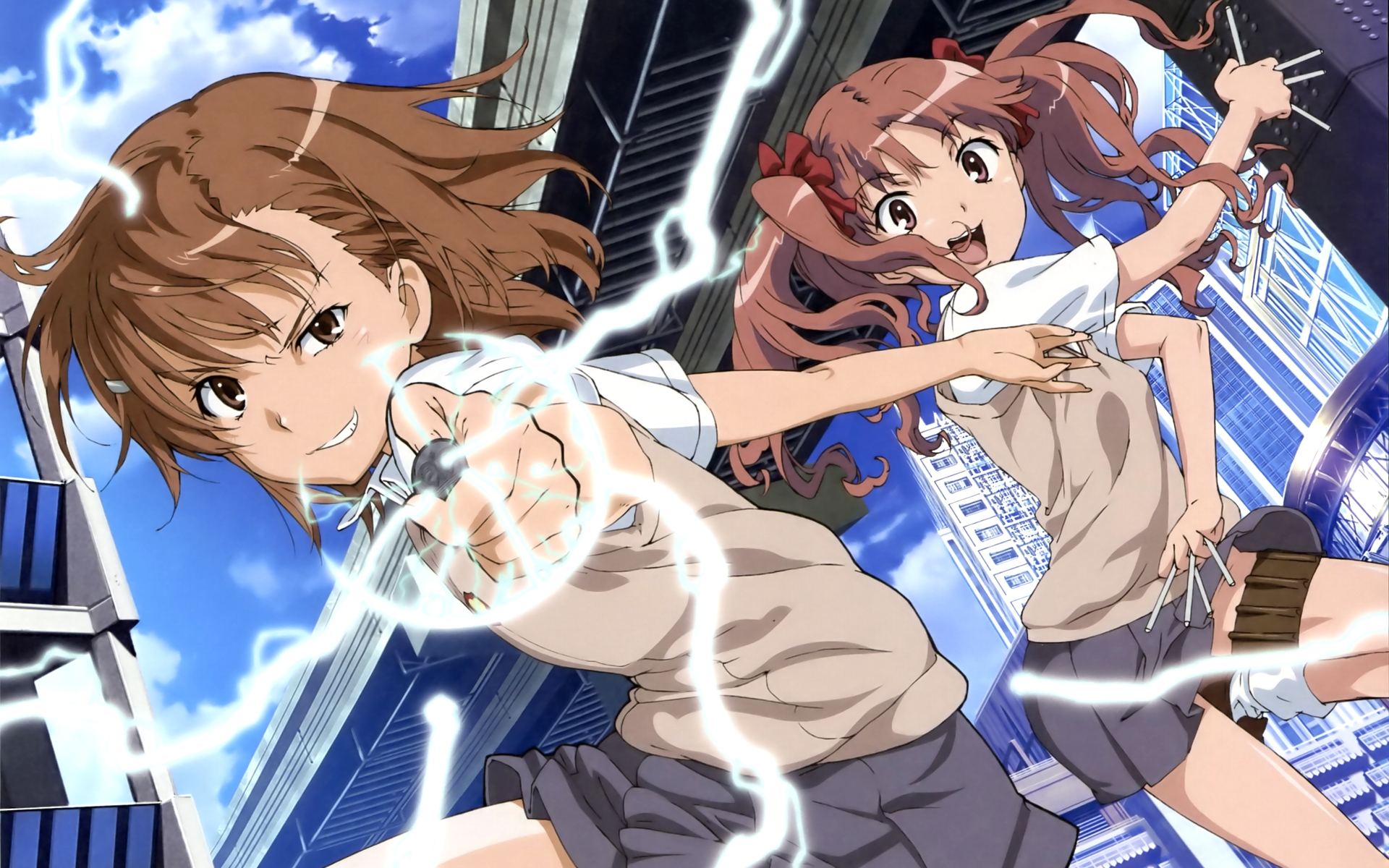 2girls, bow, brown_eyes, brown_hair, building, city, hosoda_naoto, long_hair, misaka_mikoto, school_uniform, shirai_kuroko, short_hair, skirt, to_aru_kagaku_no_railgun, to_aru_majutsu_no_index, twintails, weapon