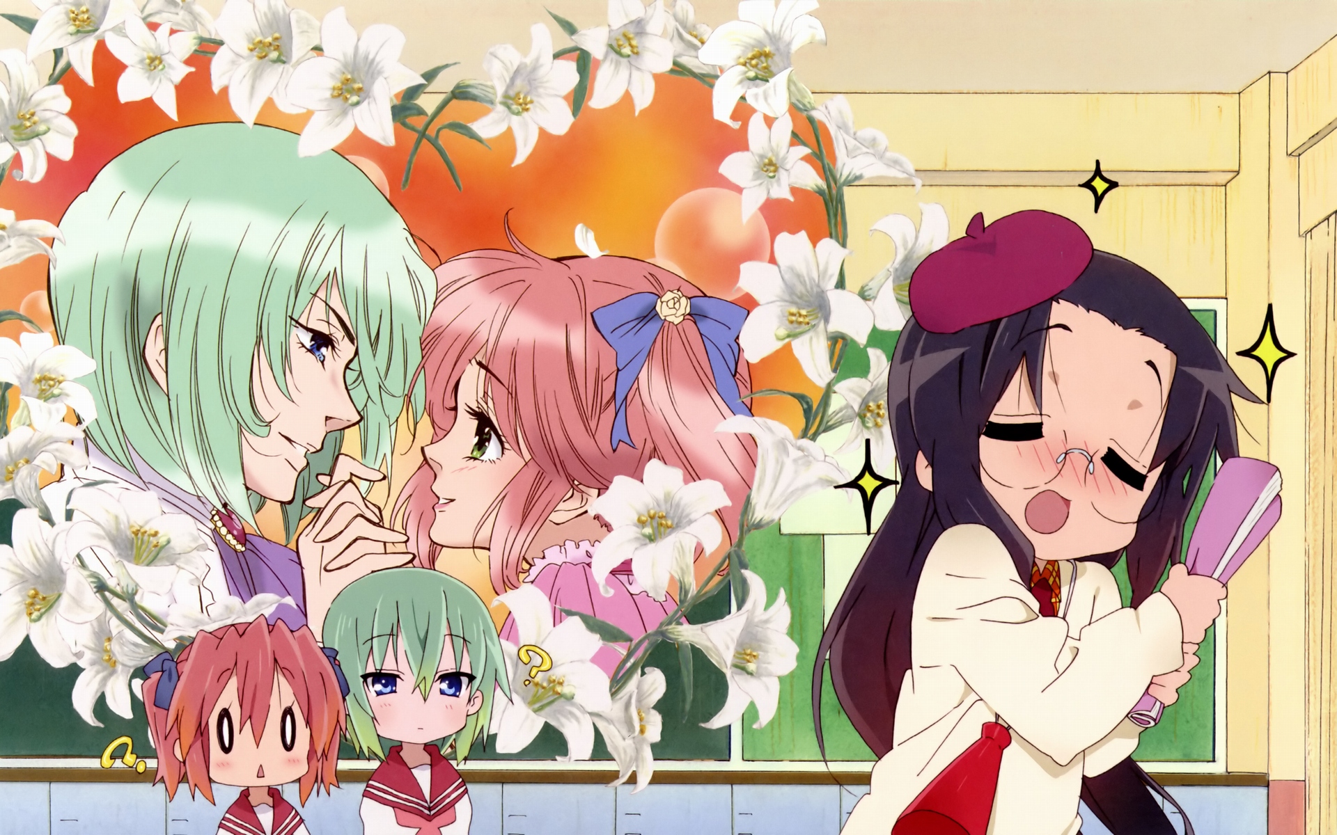 flowers, glasses, green_hair, hat, iwasaki_minami, kobayakawa_yutaka, lucky_star, shoujo_ai