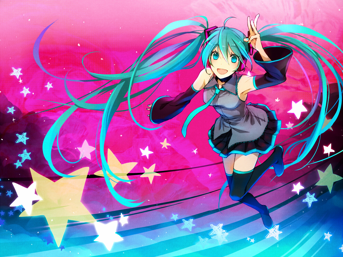 hatsune_miku, pink, ria, stars, thighhighs, twintails, vocaloid