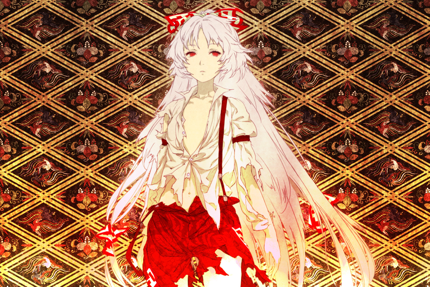 egawa_satsuki, fujiwara_no_mokou, long_hair, red_eyes, torn_clothes, touhou