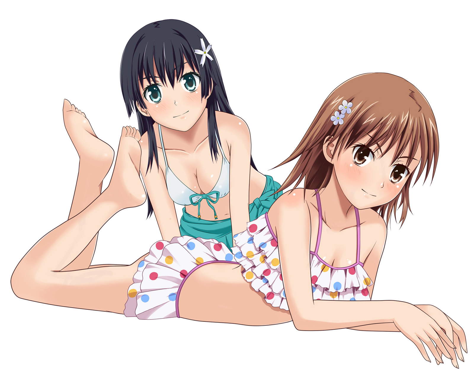 2girls, barefoot, bikini, black_hair, blush, breasts, brown_eyes, brown_hair