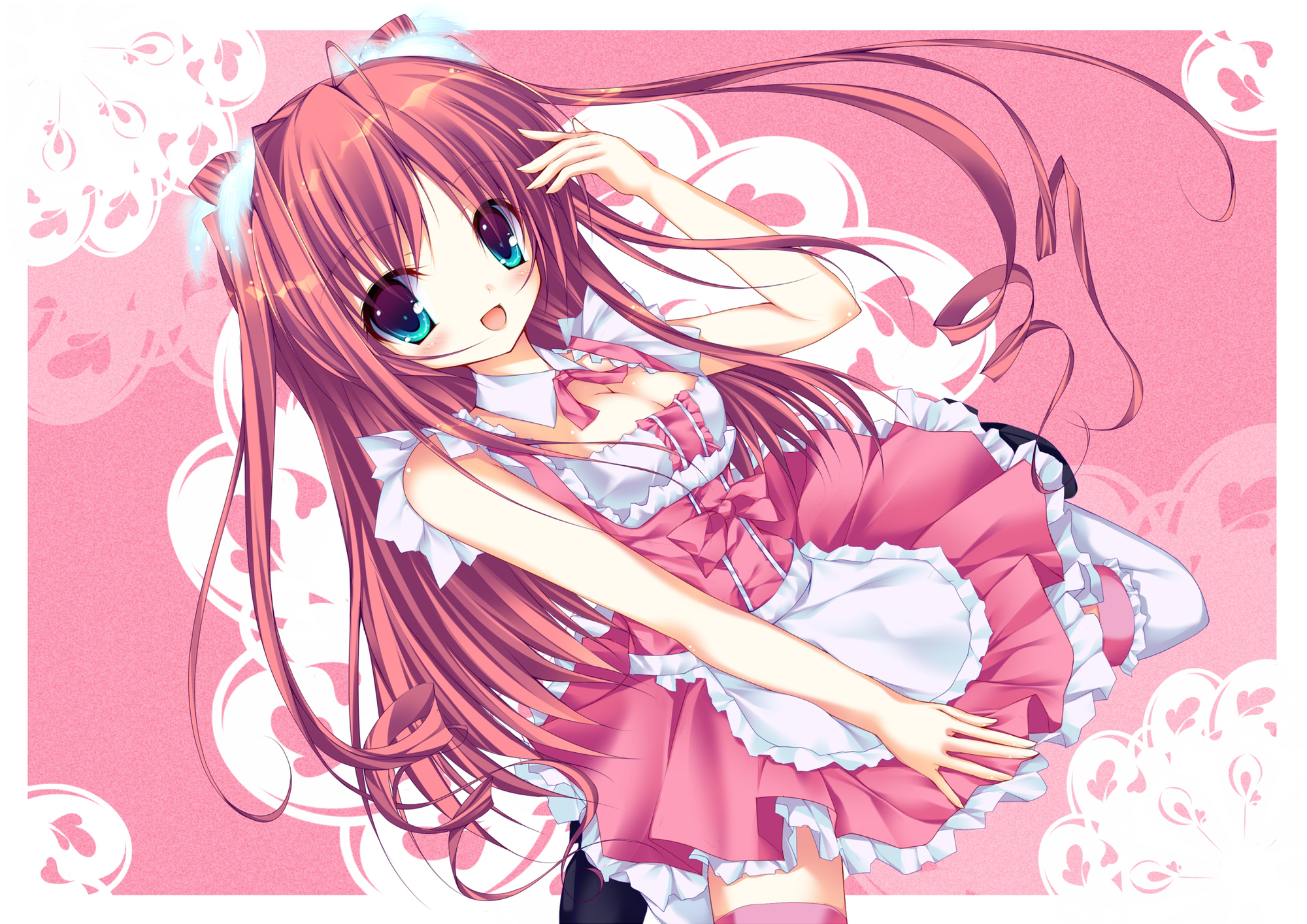aqua_eyes, blush, breasts, cleavage, dress, koihime_musou, long_hair, maid, mayuzaki_yuu, pink, pink_hair, ryuubi, thighhighs