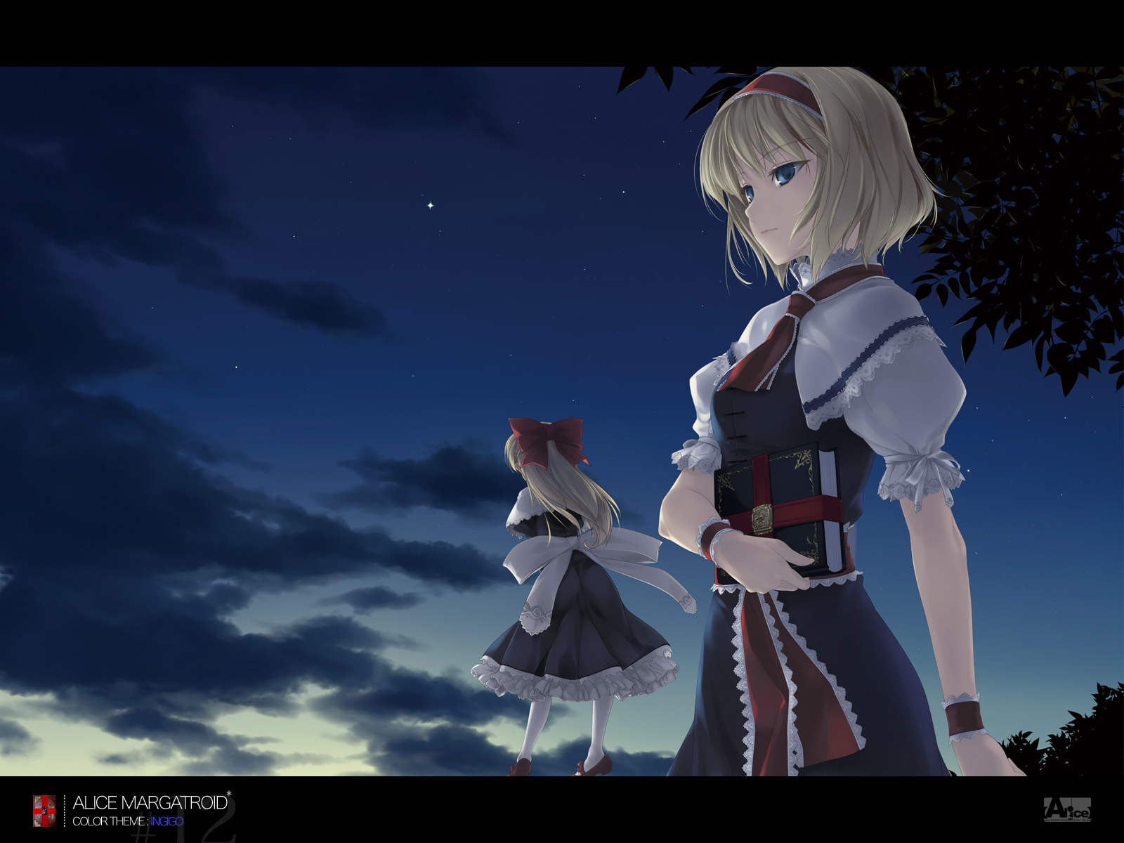 alice_margatroid, blonde_hair, blue_eyes, book, bow, clouds, doll, dress