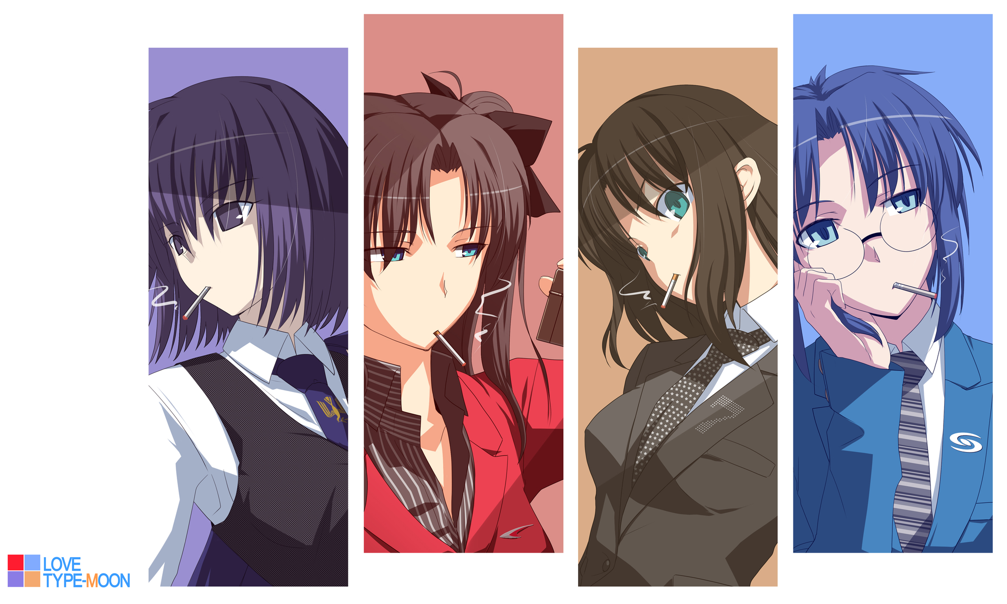 ciel_(tsukihime), cigarette, fate_(series), fate/stay_night, glasses, kara_no_kyoukai, kokutou_azaka, kuonji_alice, mahou_tsukai_no_yoru, shingetsutan_tsukihime, smoking, tie, tohsaka_rin, tsukii_tsukato