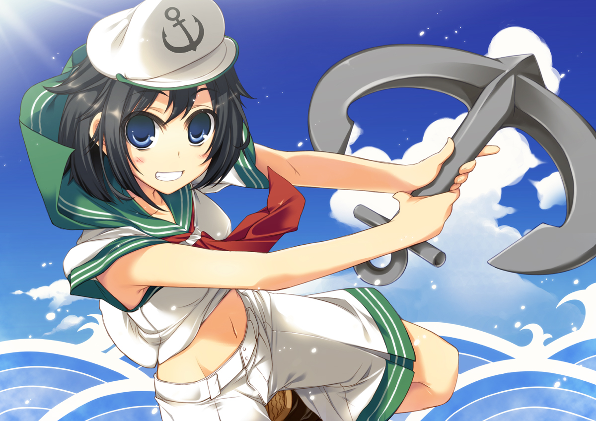 black_hair, blue_eyes, clouds, hat, murasa_minamitsu, school_uniform, short_hair, sky