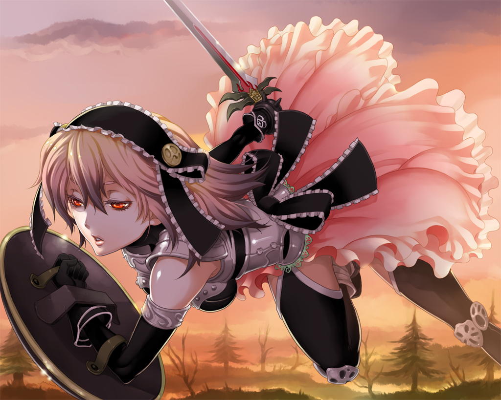 armor, fantasy_earth_zero, miogrobin, red_eyes, skirt, sword, thighhighs, weapon