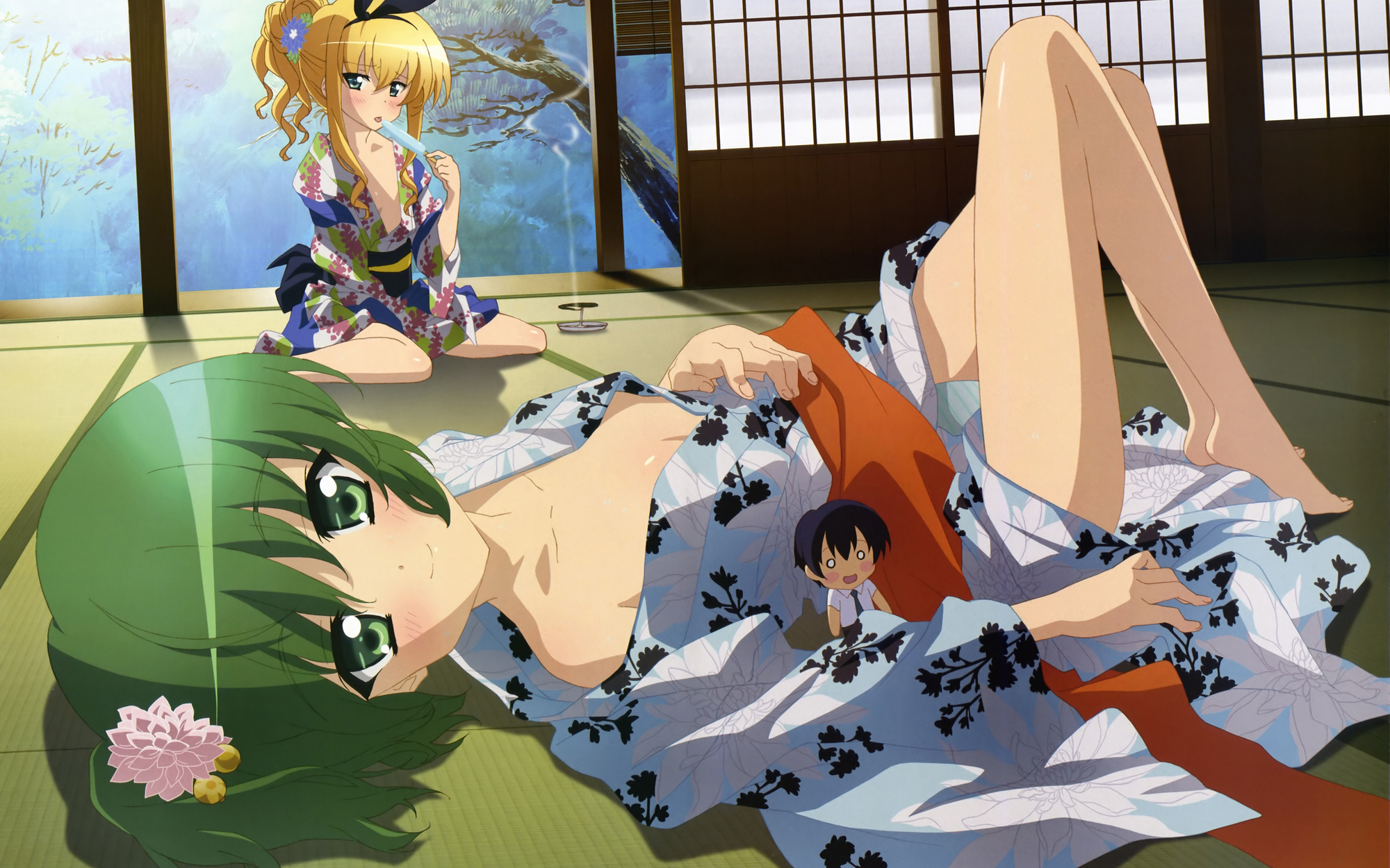 barefoot, breasts, chibi, cleavage, fujiwara_natsuko, green_eyes, green_hair, hiiragi_noa