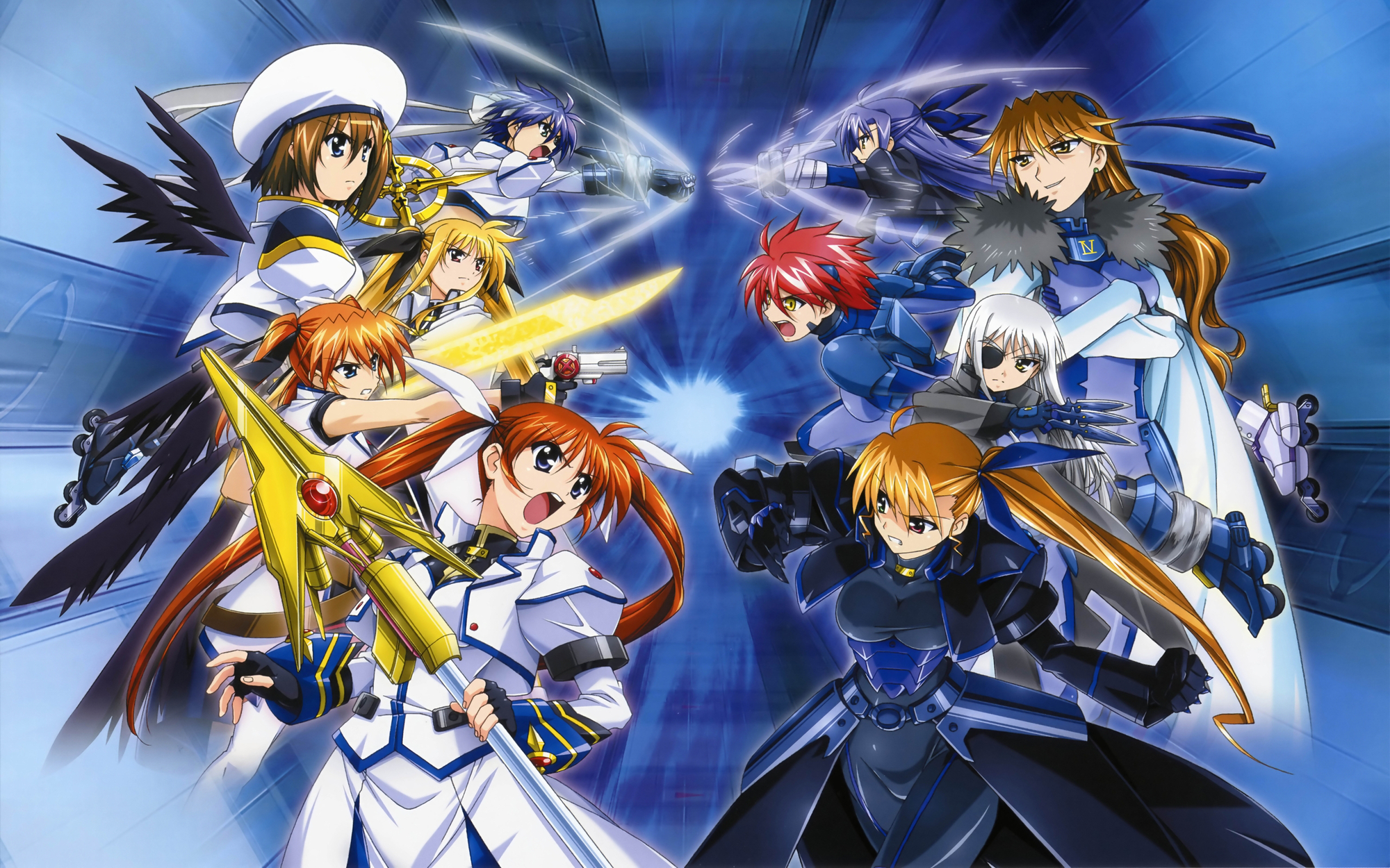 eyepatch, fate_testarossa, ginga_nakajima, gun, hat, mahou_shoujo_lyrical_nanoha, mahou_shoujo_lyrical_nanoha_strikers, okuda_yasuhiro