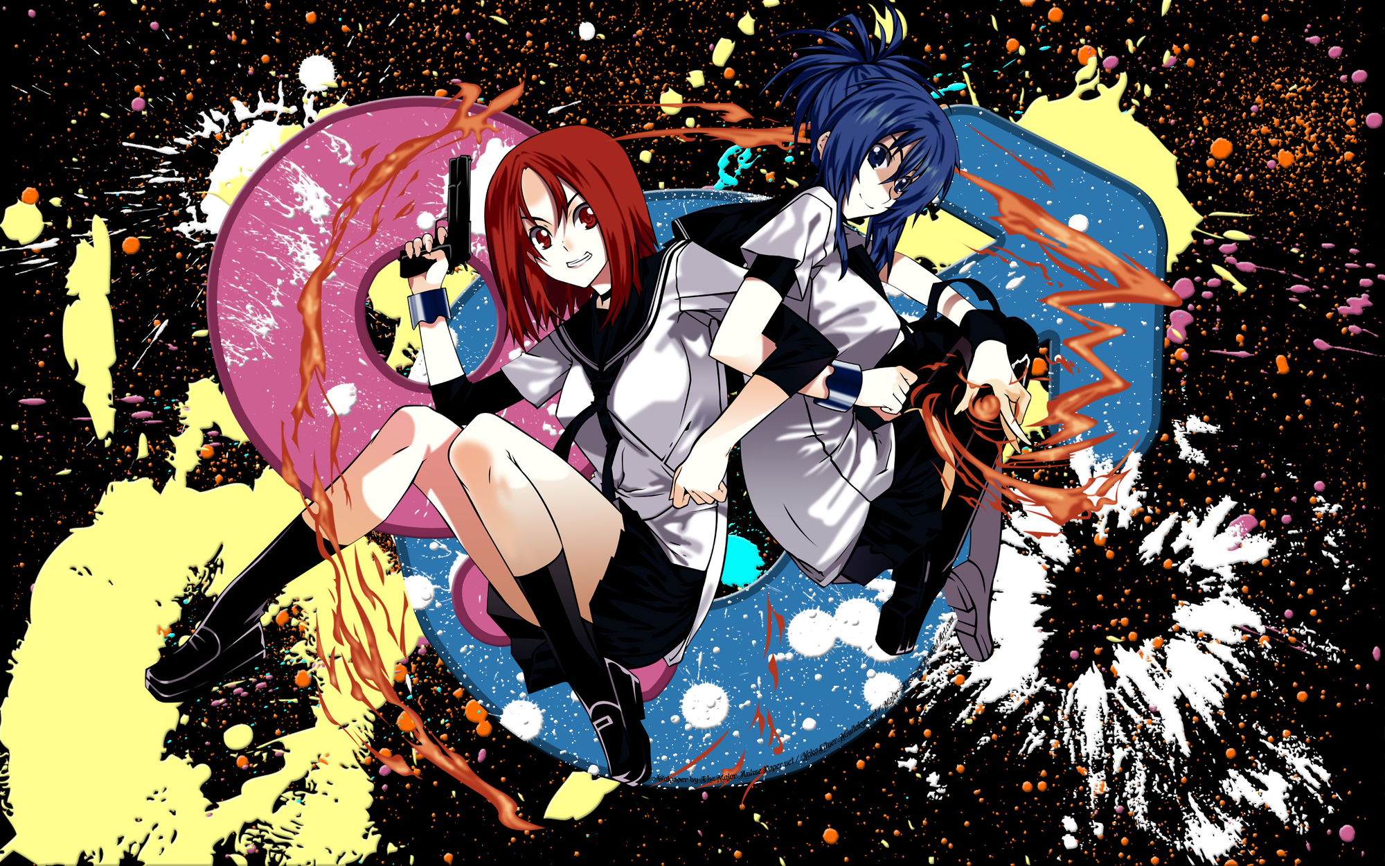 blue_eyes, blue_hair, fire, genderswap, gun, kampfer, mishima_akane, red_eyes