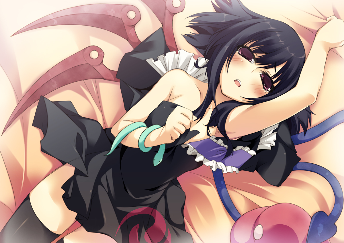 bed, black_hair, blush, dress, houjuu_nue, purple_eyes, tears, ten_oni_touri, thighhighs, touhou, wings