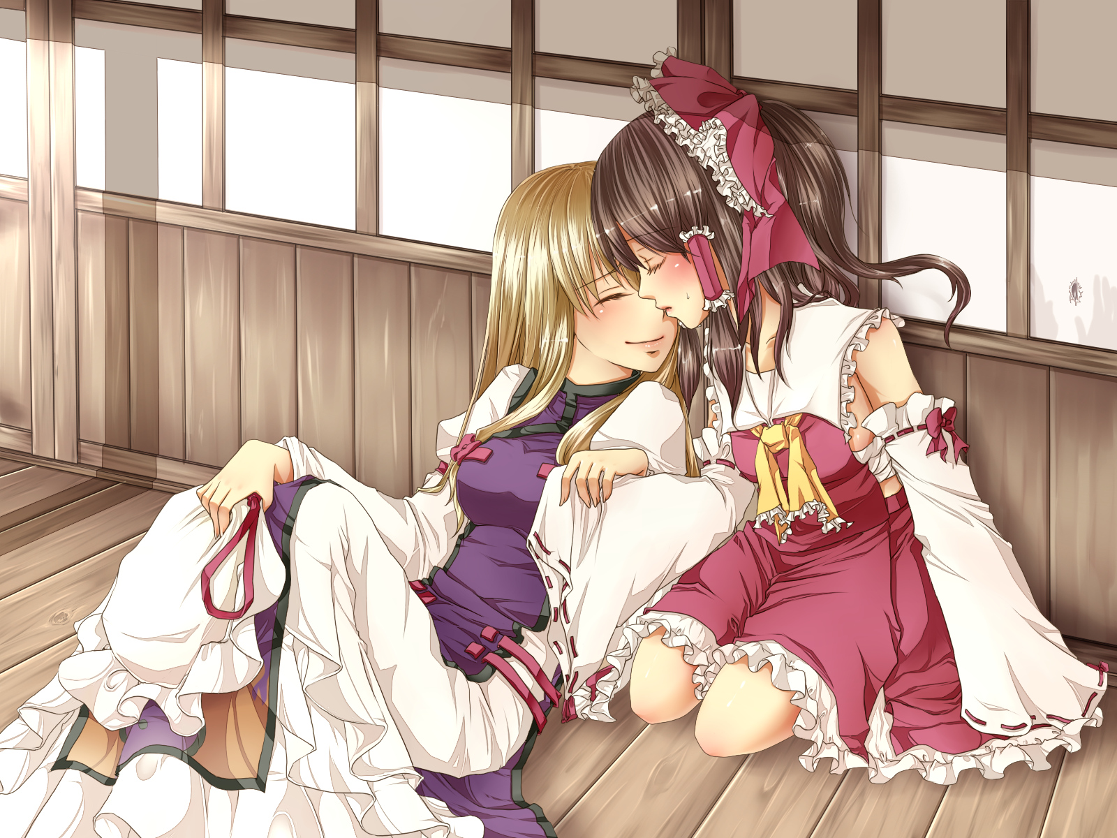blonde_hair, brown_hair, geike, hakurei_reimu, japanese_clothes, long_hair, miko, shoujo_ai