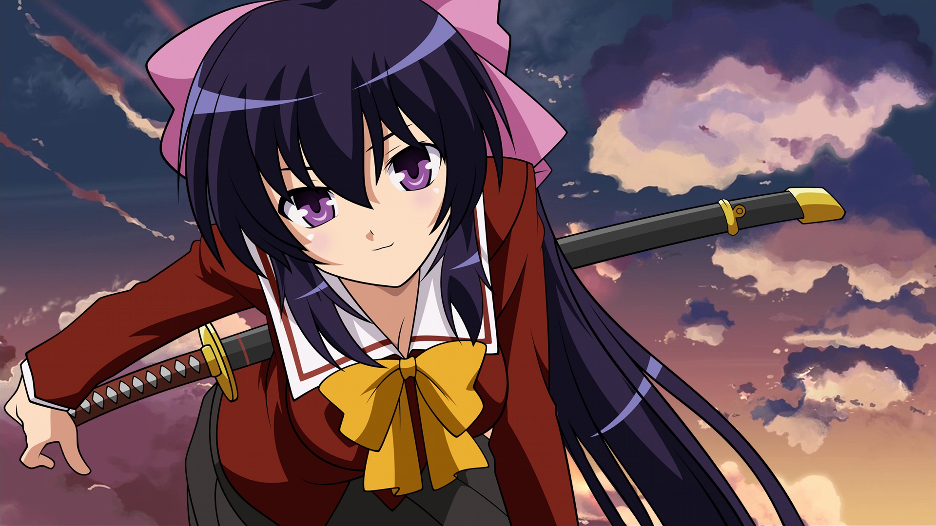 close, himari, katana, long_hair, omamori_himari, school_uniform, sky, sword, weapon