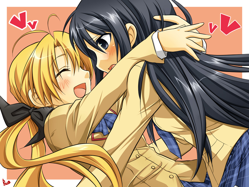 aoi_sena, blush, chaos;head, hug, orihara_kozue