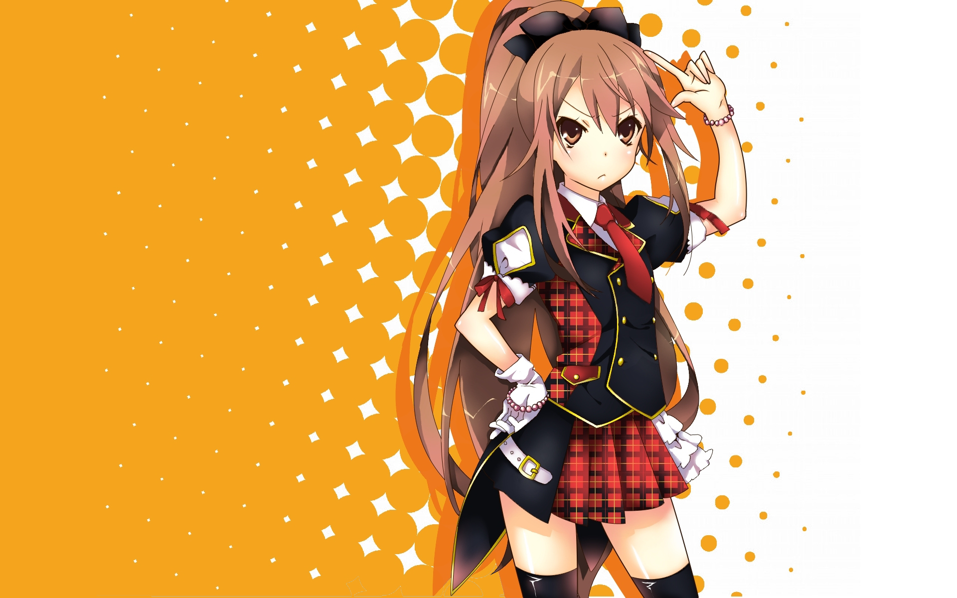 brown_eyes, brown_hair, long_hair, ookami-san_to_shichinin_no_nakama-tachi, ookami_ryouko, skirt, thighhighs, tie