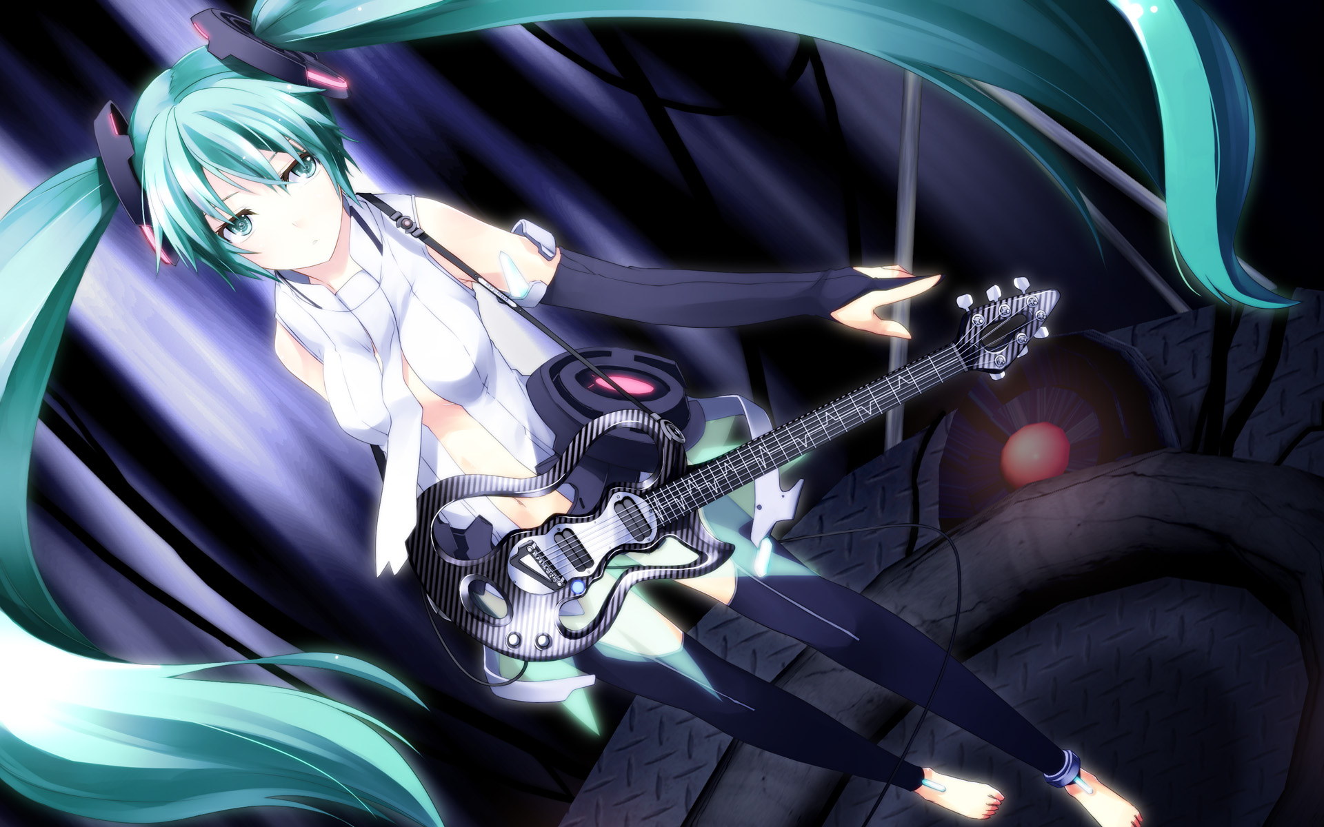 aqua_eyes, aqua_hair, guitar, hatsune_miku, instrument, miku_append, thighhighs, twintails