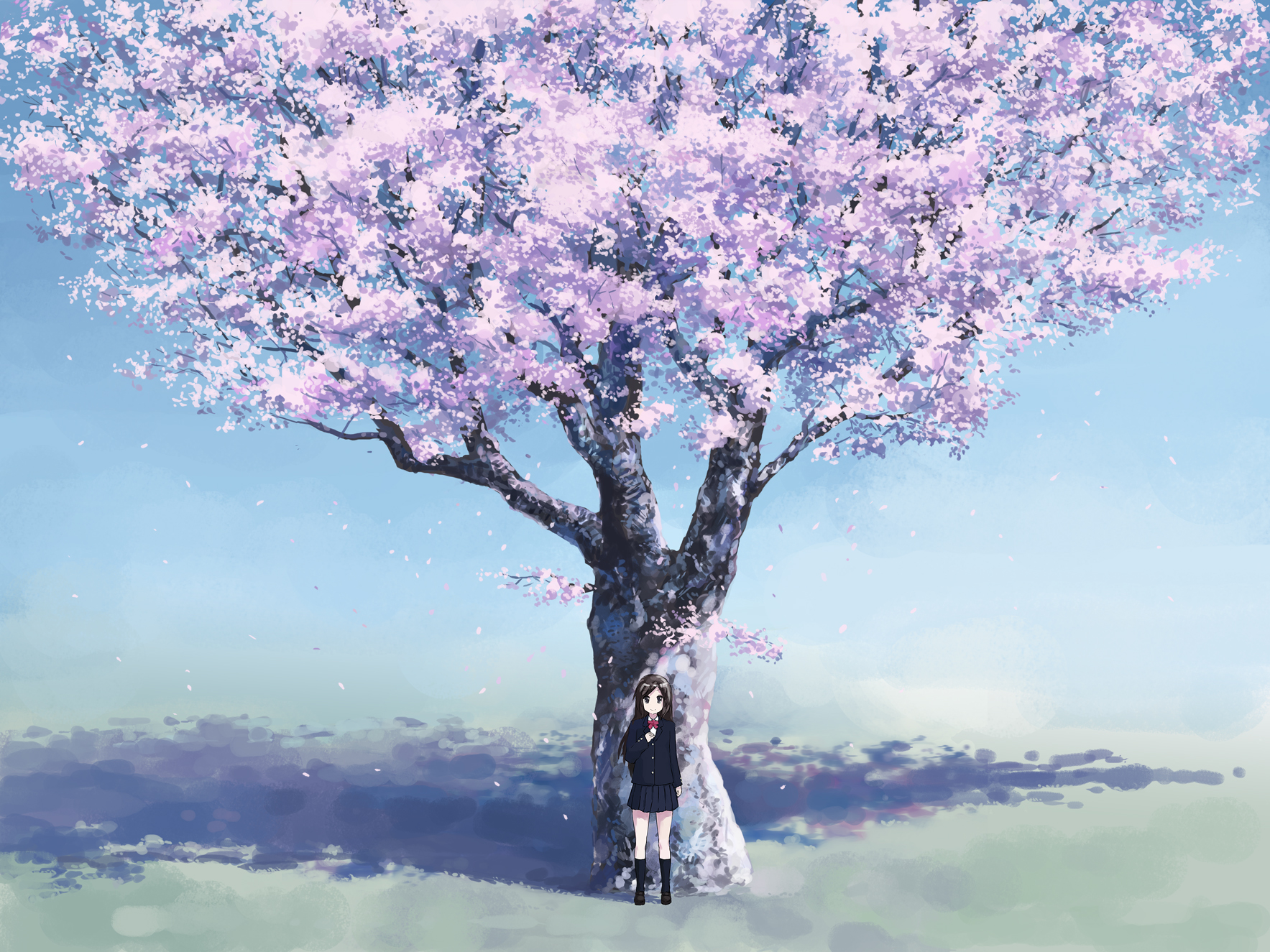cherry_blossoms, flowers, isou_nagi, original, scenic, school_uniform, tree
