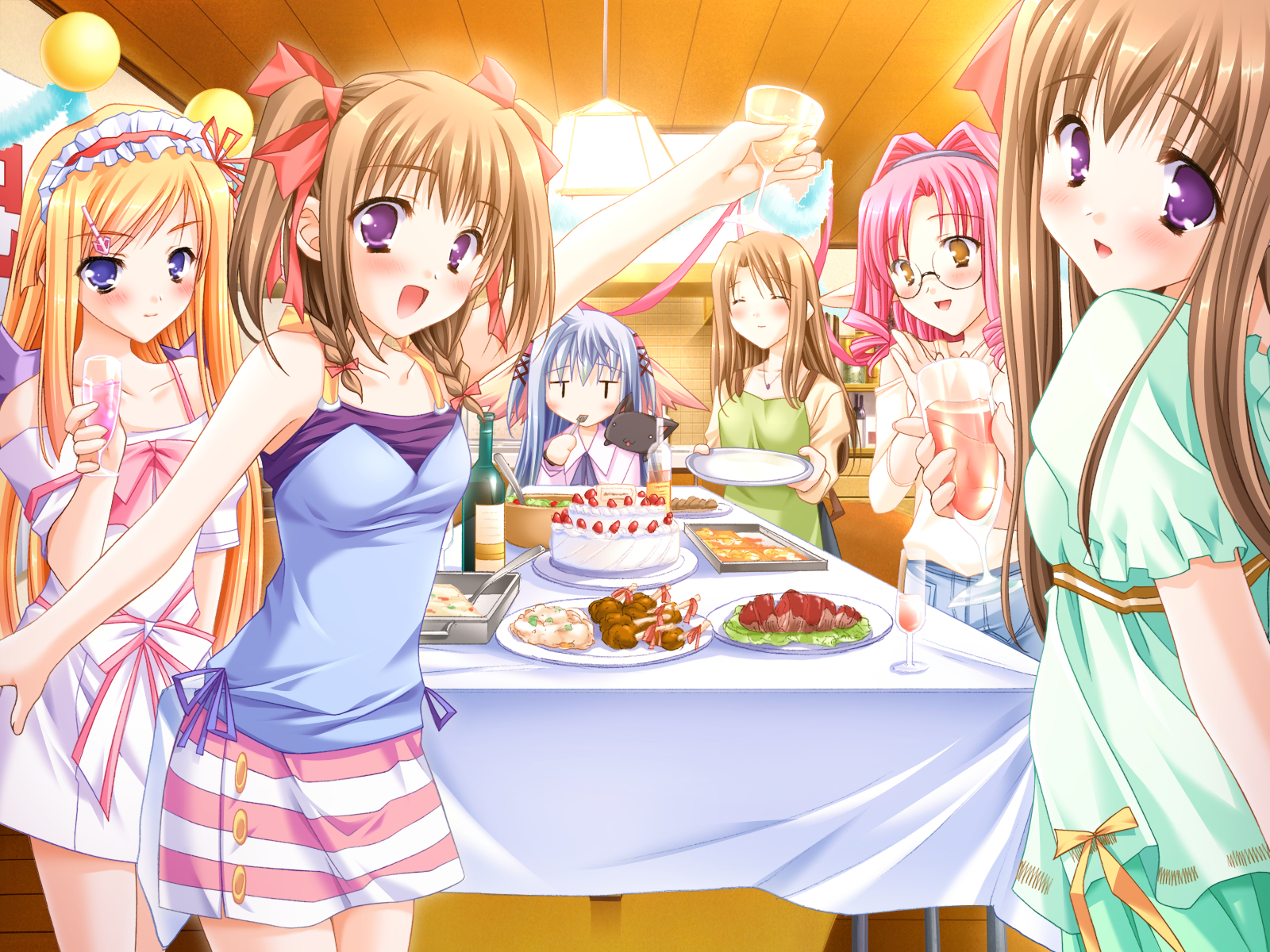 blonde_hair, blue_eyes, blue_hair, bow, braids, brown_hair, food, game_cg