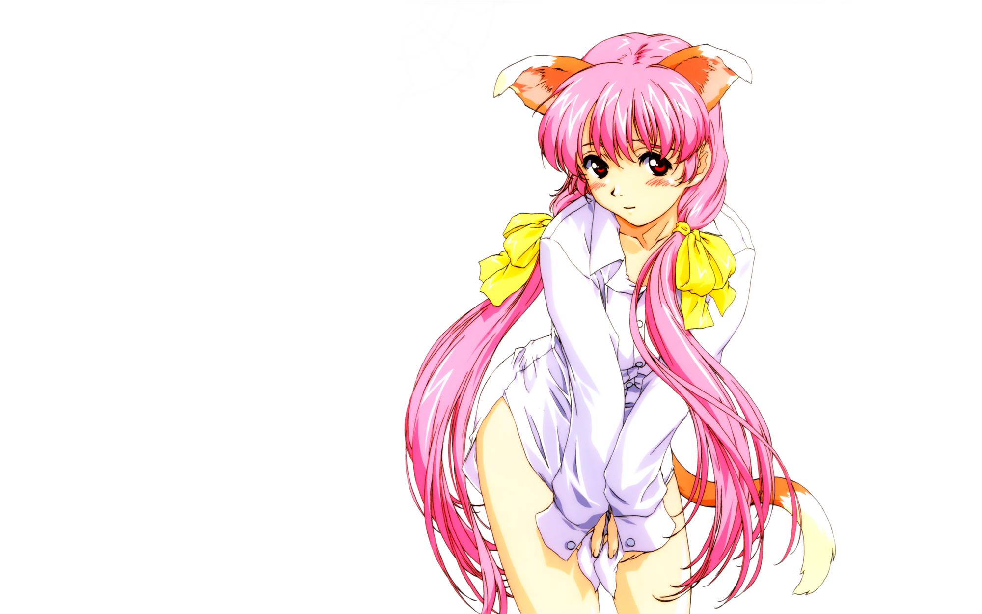 animal_ears, foxgirl, horibe_hiderou, long_hair, pink_hair, red_eyes, white
