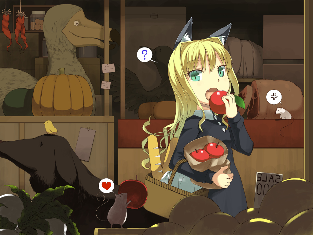 animal, animal_ears, apple, blonde_hair, dog, food, fruit, green_eyes, ikura_hato, long_hair, tagme