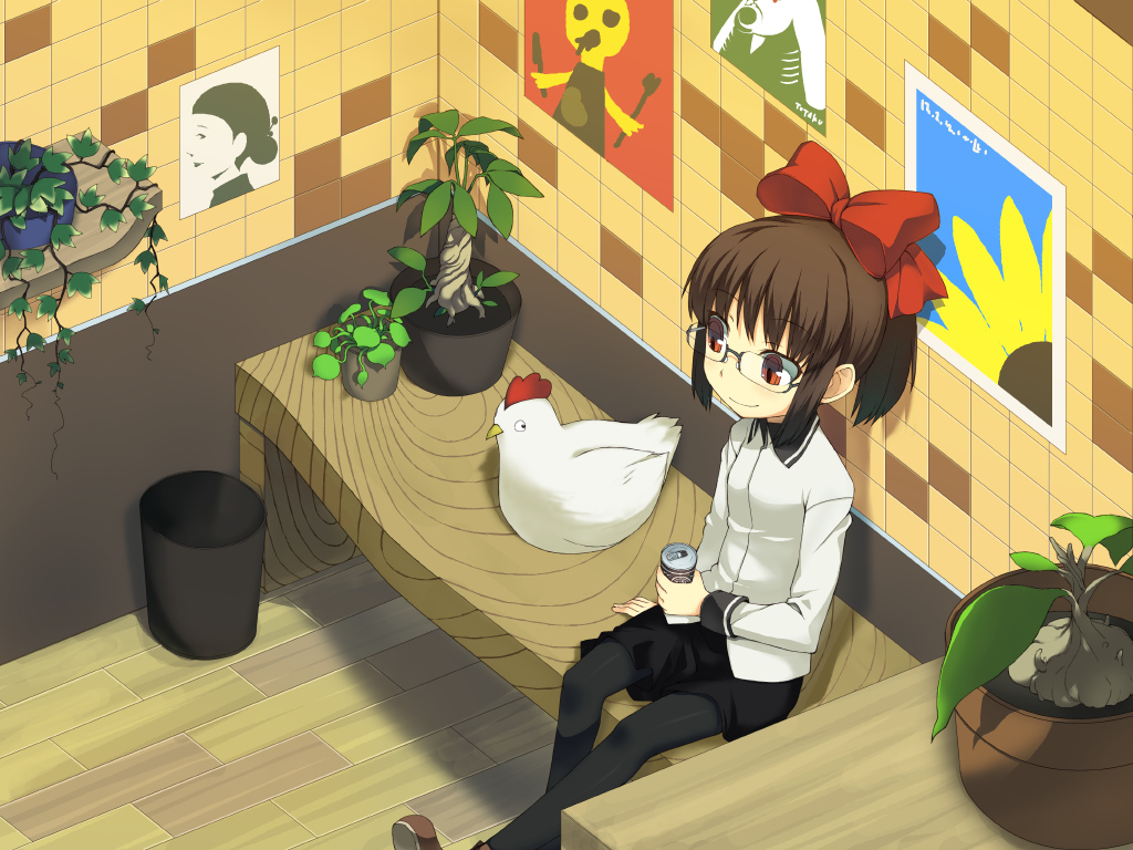 bow, brown_hair, glasses, ikura_hato, orange_eyes, short_hair