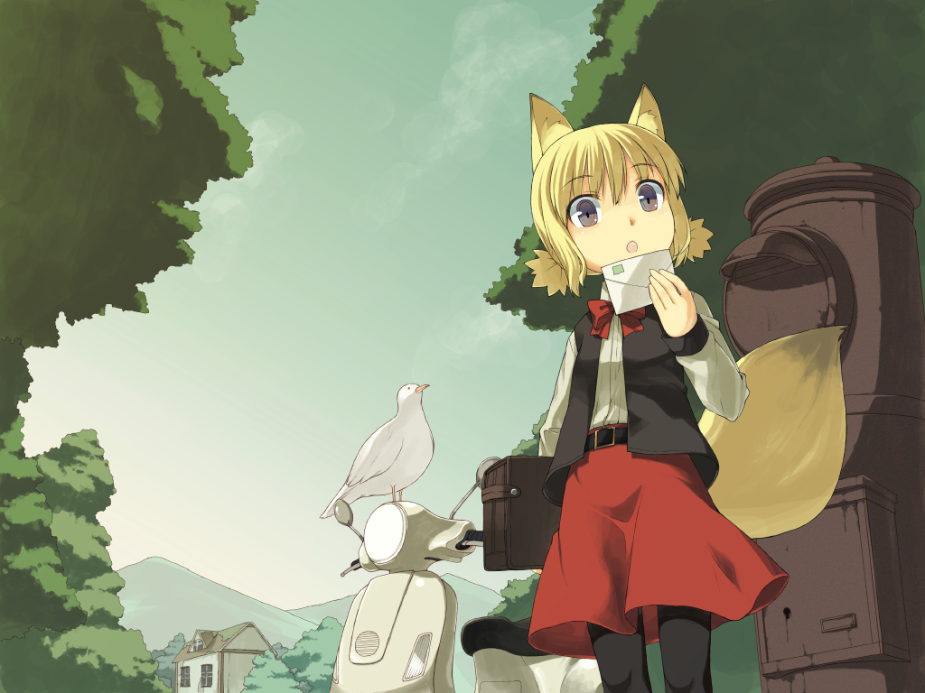 animal, animal_ears, bird, blonde_hair, bow, brown_eyes, foxgirl, ikura_hato