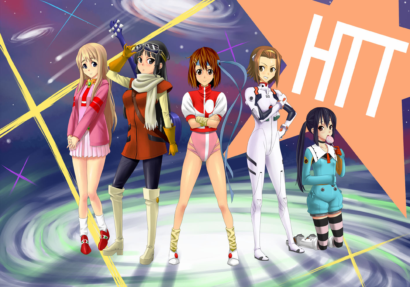 akiyama_mio, black_hair, blonde_hair, blue_eyes, brown_eyes, brown_hair, candy, cosplay, flcl, group, guitar, hirasawa_yui, instrument, jpeg_artifacts, k-on!, kotobuki_tsumugi, long_hair, nakano_azusa, neon_genesis_evangelion, ozaki_yuusuke, ponytail, short_hair, tainaka_ritsu, thighhighs