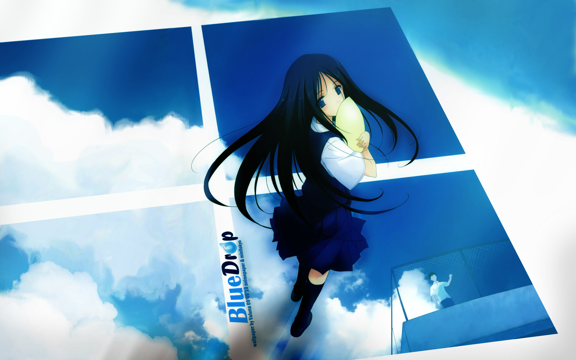 blue_eyes, blue_hair, clouds, fujiwara_warawara, long_hair, scenic, sky