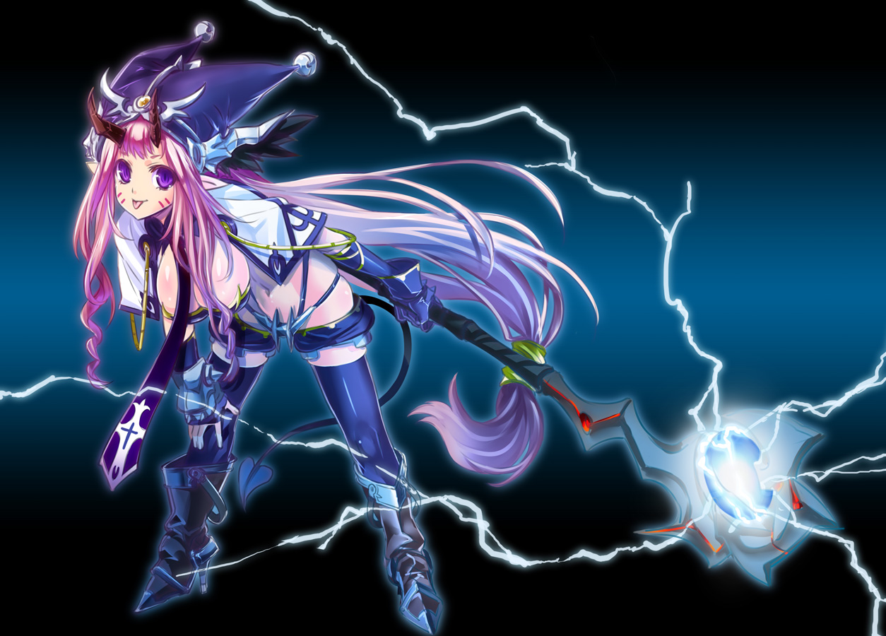 fujimon, horns, long_hair, original, pink_hair, purple_eyes, tail, weapon