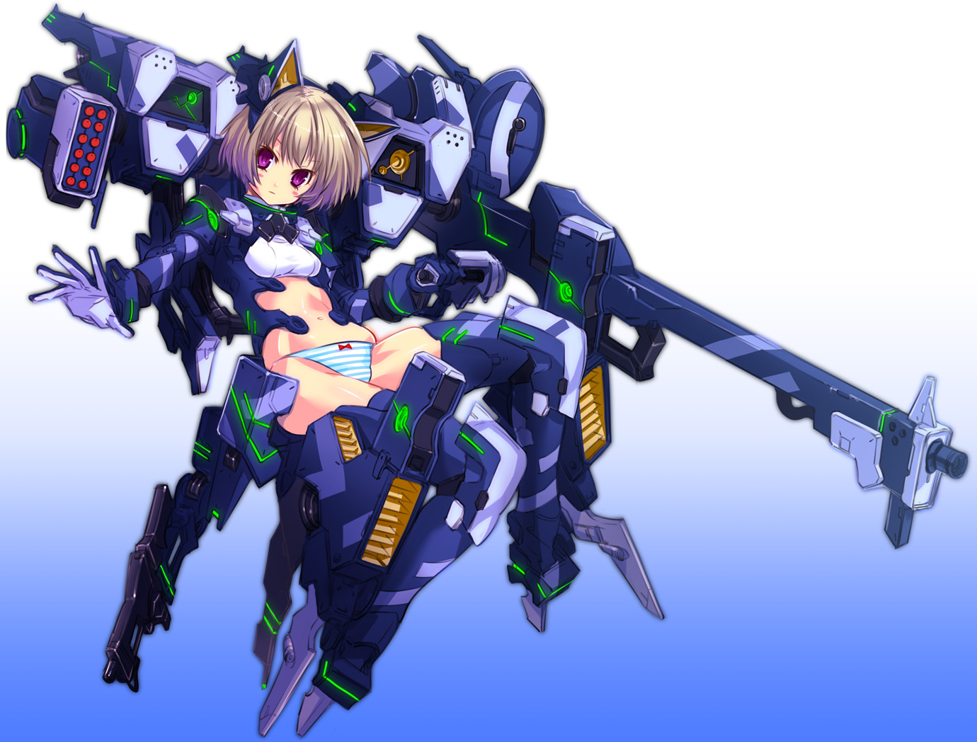 animal_ears, brown_hair, catgirl, fujimon, gun, mecha, mechagirl, original, panties, purple_eyes, short_hair, striped_panties, underwear, weapon, white