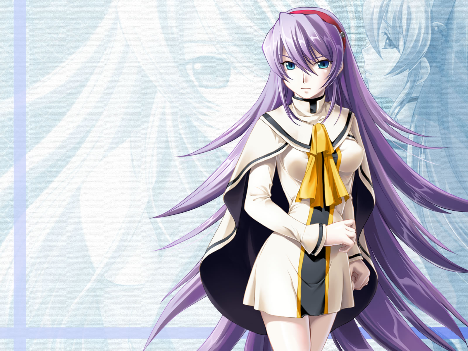 answer_dead, aqua_eyes, breasts, dress, headband, kurusu_miki_(answer_dead), long_hair, purple_hair, school_uniform, tagme_(artist)