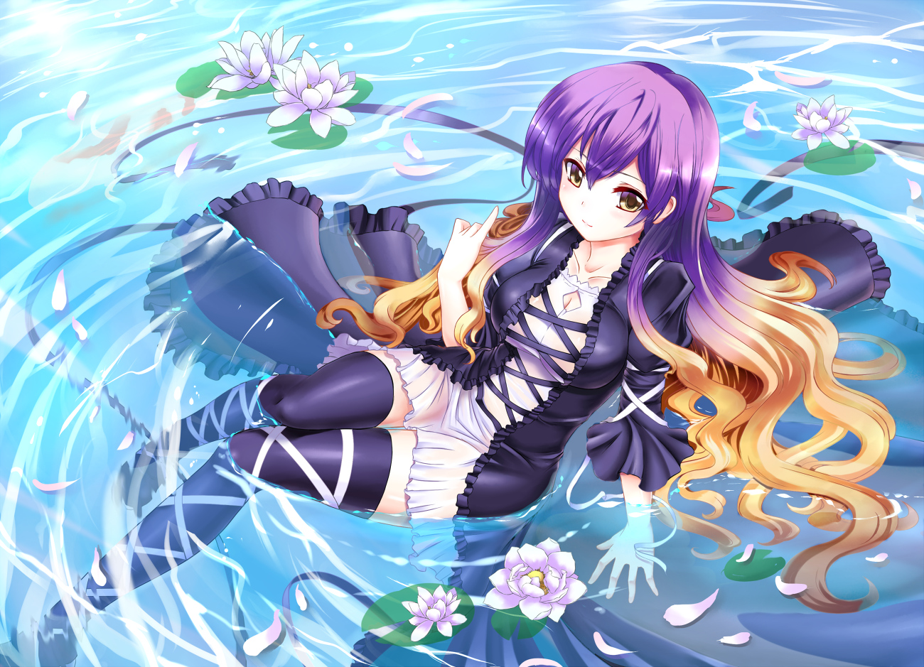 dress, flowers, hijiri_byakuren, long_hair, miyuki_rei, thighhighs, touhou, wet, yellow_eyes