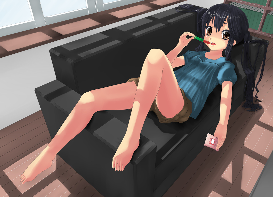 barefoot, k-on!, long_hair, nakano_azusa, phone, popsicle, touboku, twintails