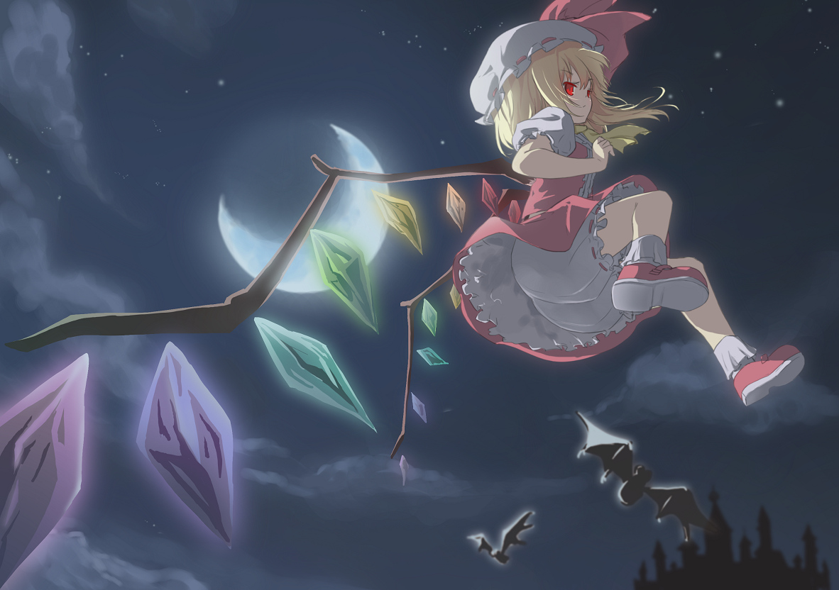 animal, bat, bloomers, flandre_scarlet, moon, night, red_eyes, shomon, touhou, vampire, wings