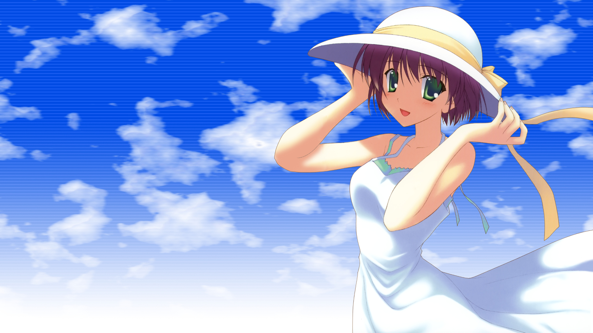 canvas2_niji_iro_no_sketch, dress, green_eyes, hat, kikyou_kiri, nanao_naru, short_hair, sky, summer_dress