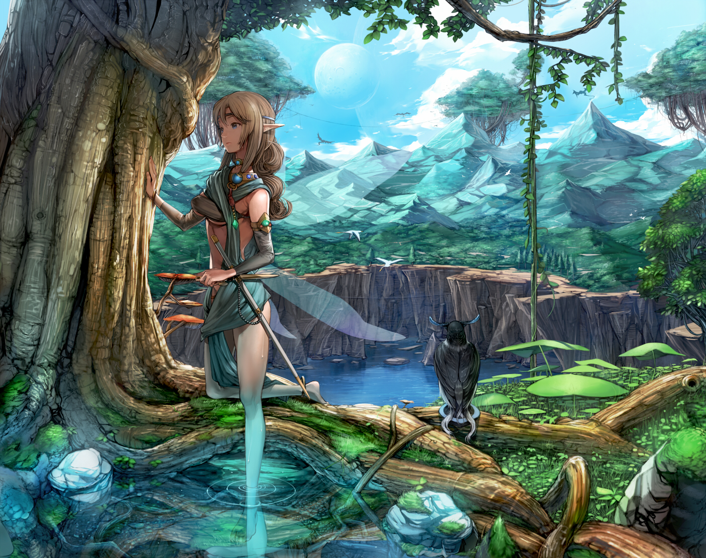 animal, barefoot, bird, blonde_hair, blue_eyes, breasts, clouds, kurumayama, moon, original, pointed_ears, scenic, sky, tree, underboob, water, weapon, wings
