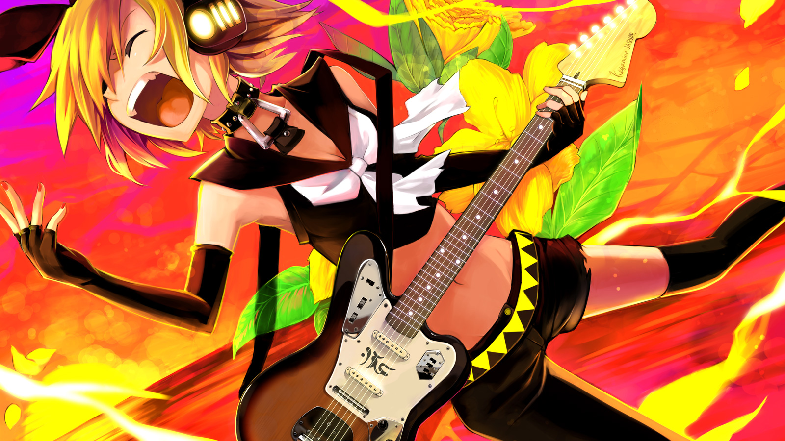 flowers, guitar, instrument, kagamine_rin, kaida_michi, vocaloid