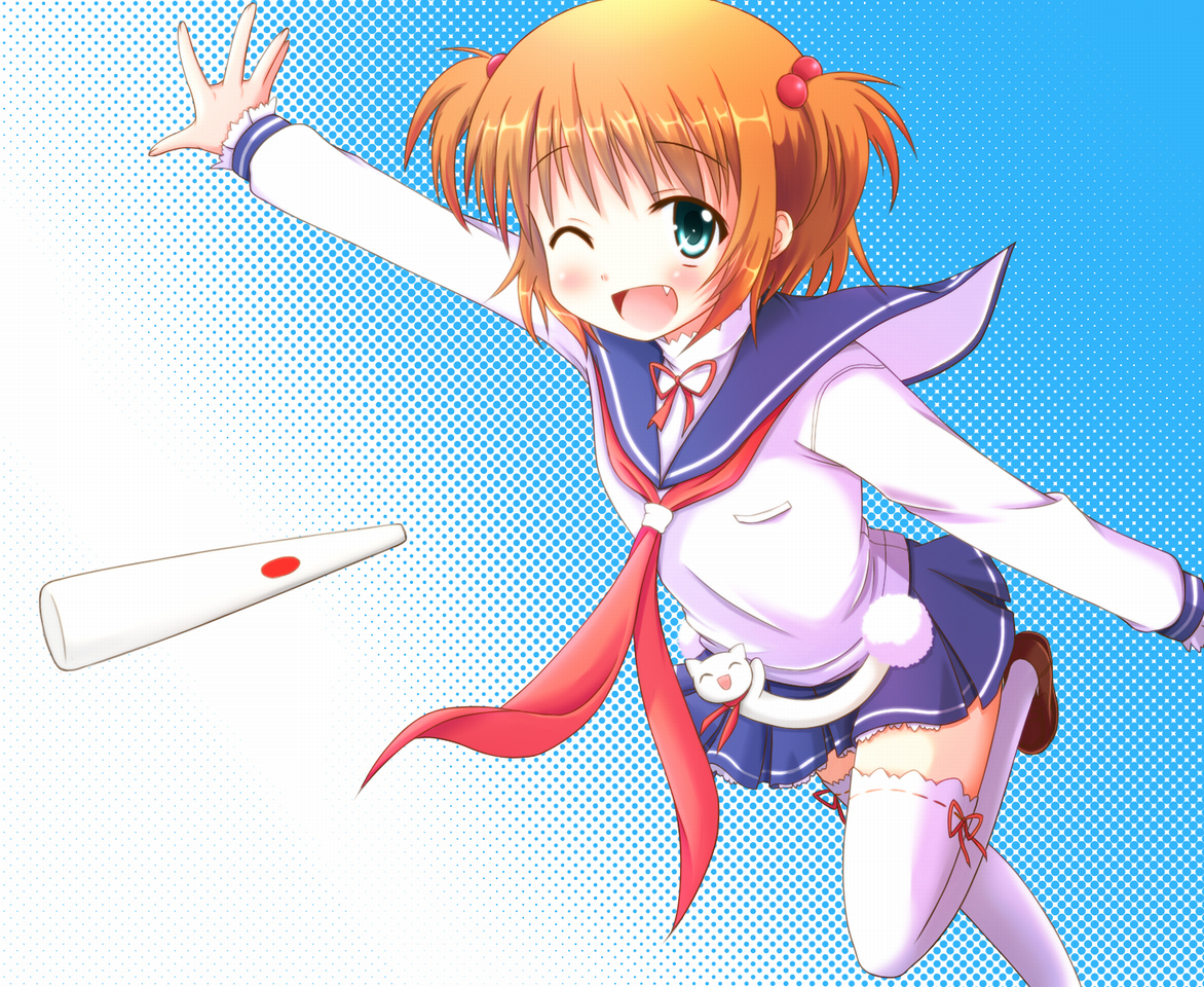 bow, green_eyes, kataoka_yuuki, katoyuu, saki, school_uniform, thighhighs, wink
