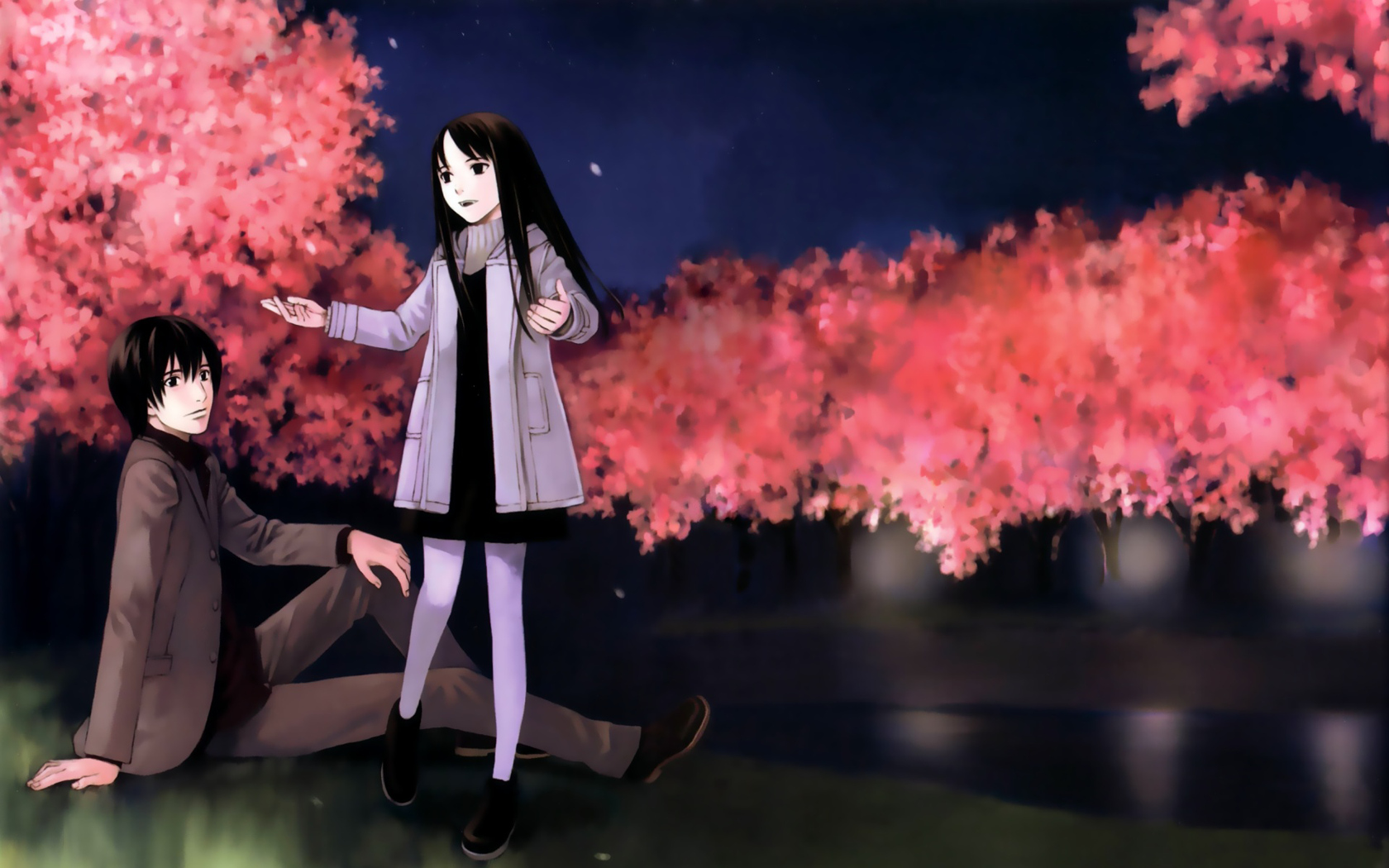 black_eyes, black_hair, blood_alone, cherry_blossoms, flowers, night, takano_masayuki, vampire