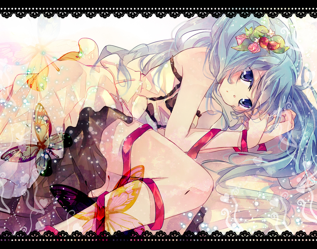 blue_hair, butterfly, flowers, hatsune_miku, kokonoe_miya, twintails, vocaloid