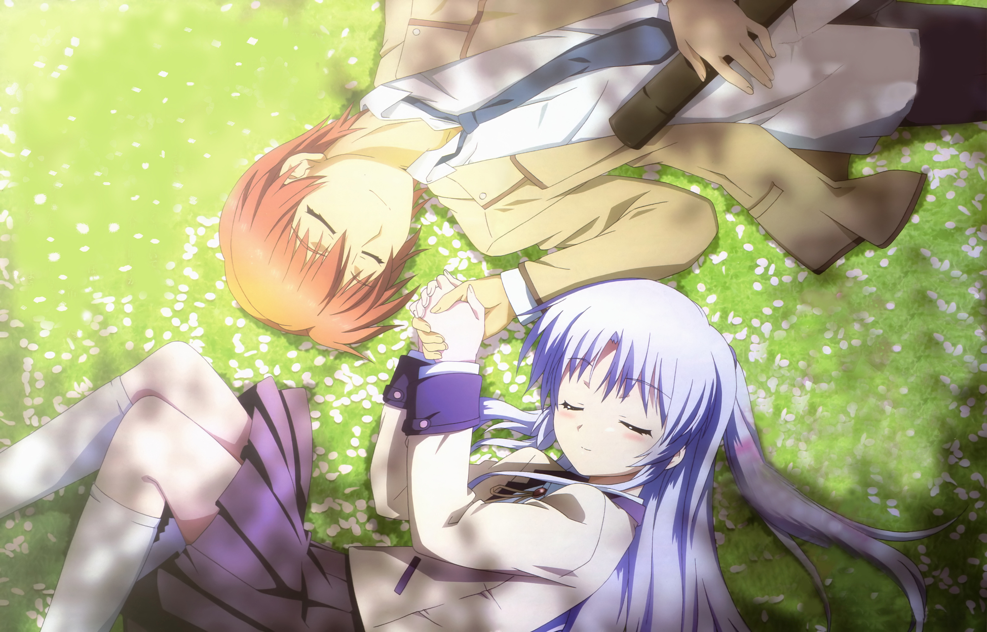 angel_beats!, grass, kurakawa_hideaki, long_hair, otonashi_yuzuru, purple_hair, tachibana_kanade