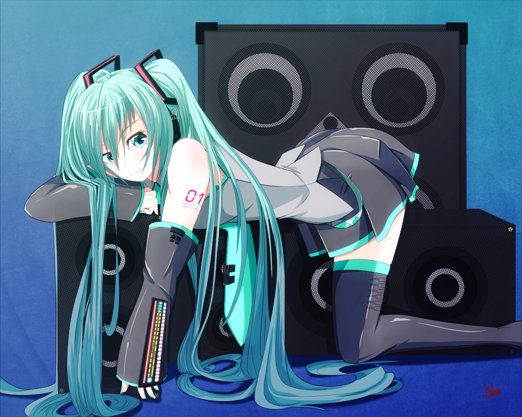 aqua_hair, green_eyes, hatsune_miku, kichi8, thighhighs, twintails, vocaloid