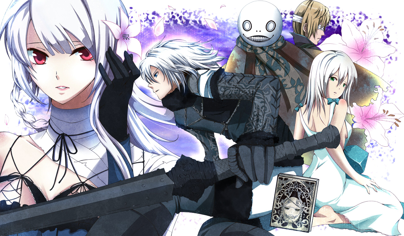 blue_eyes, book, dress, emil, flowers, kaine, long_hair, nier