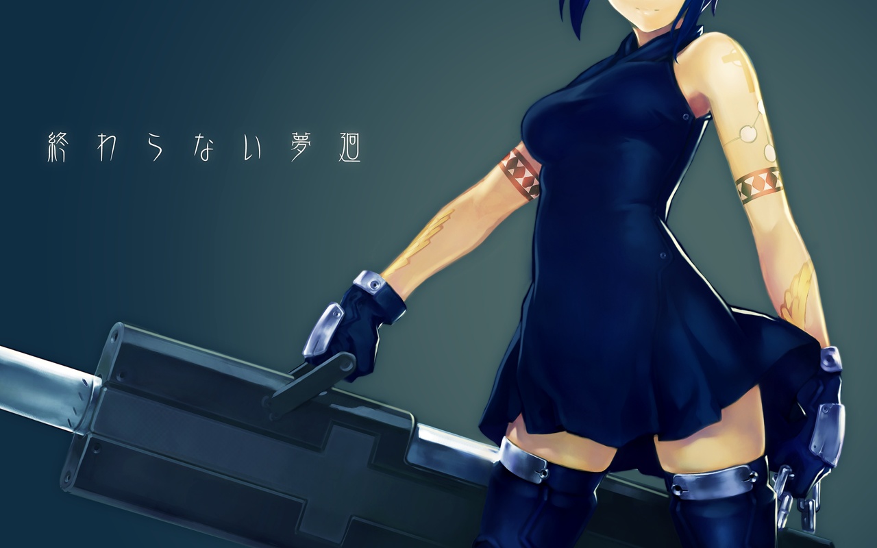 blue_hair, ciel_(tsukihime), dress, gloves, nfb-zmc, shingetsutan_tsukihime, short_hair, tattoo