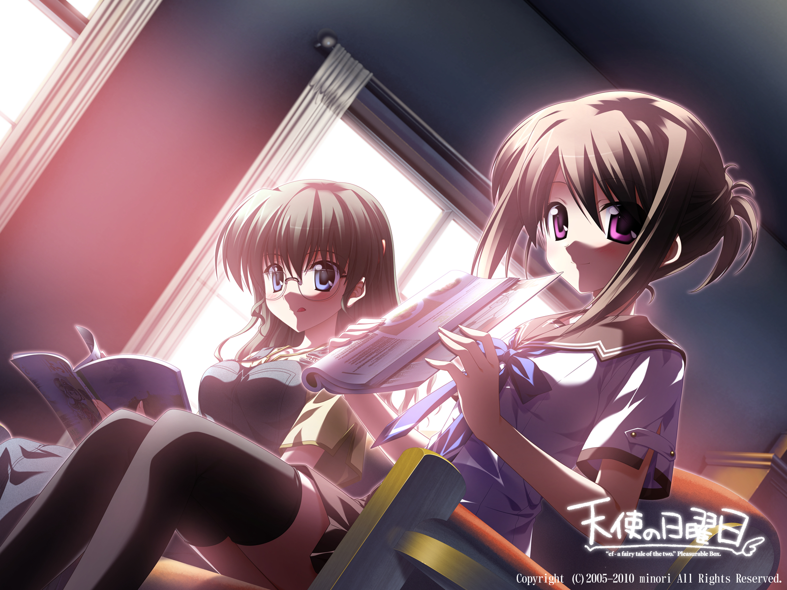 asou_sumire, ef, ef_a_fairy_tale_of_the_two, glasses, hayama_mizuki, school_uniform, skirt, thighhighs, zettai_ryouiki