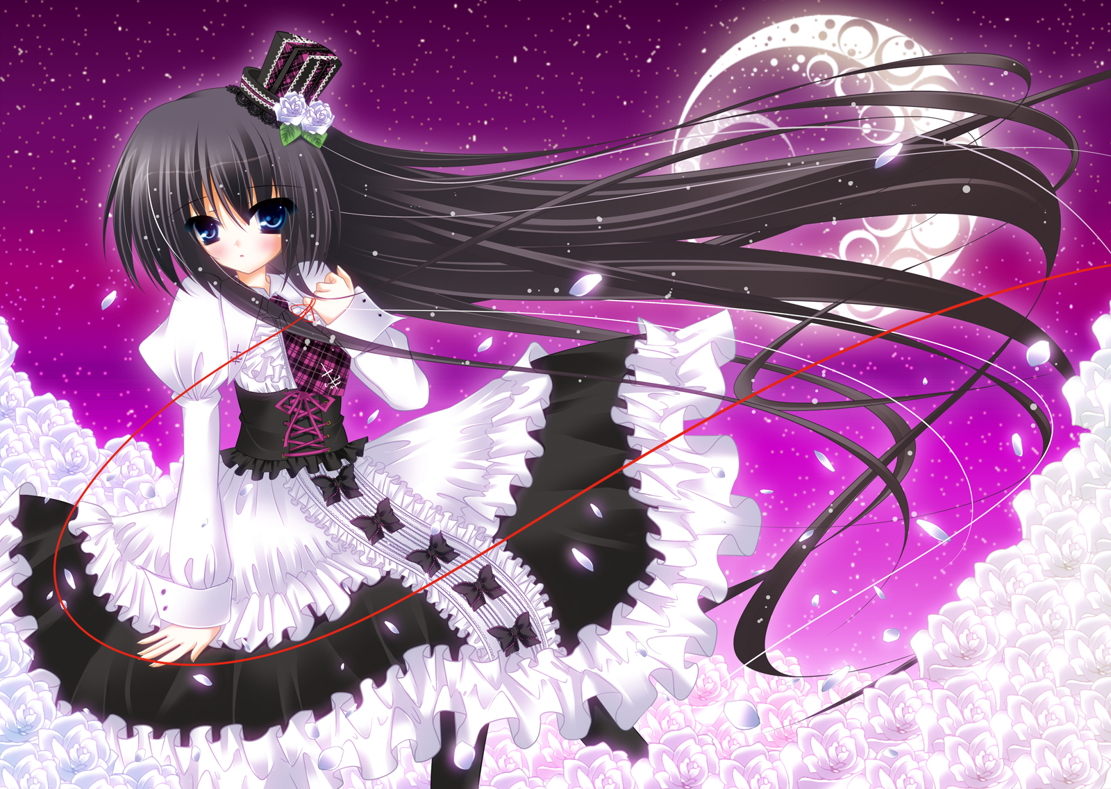 dress, flowers, goth-loli, hat, lolita_fashion, moon, original, petals, sky, stars, wreathlit69