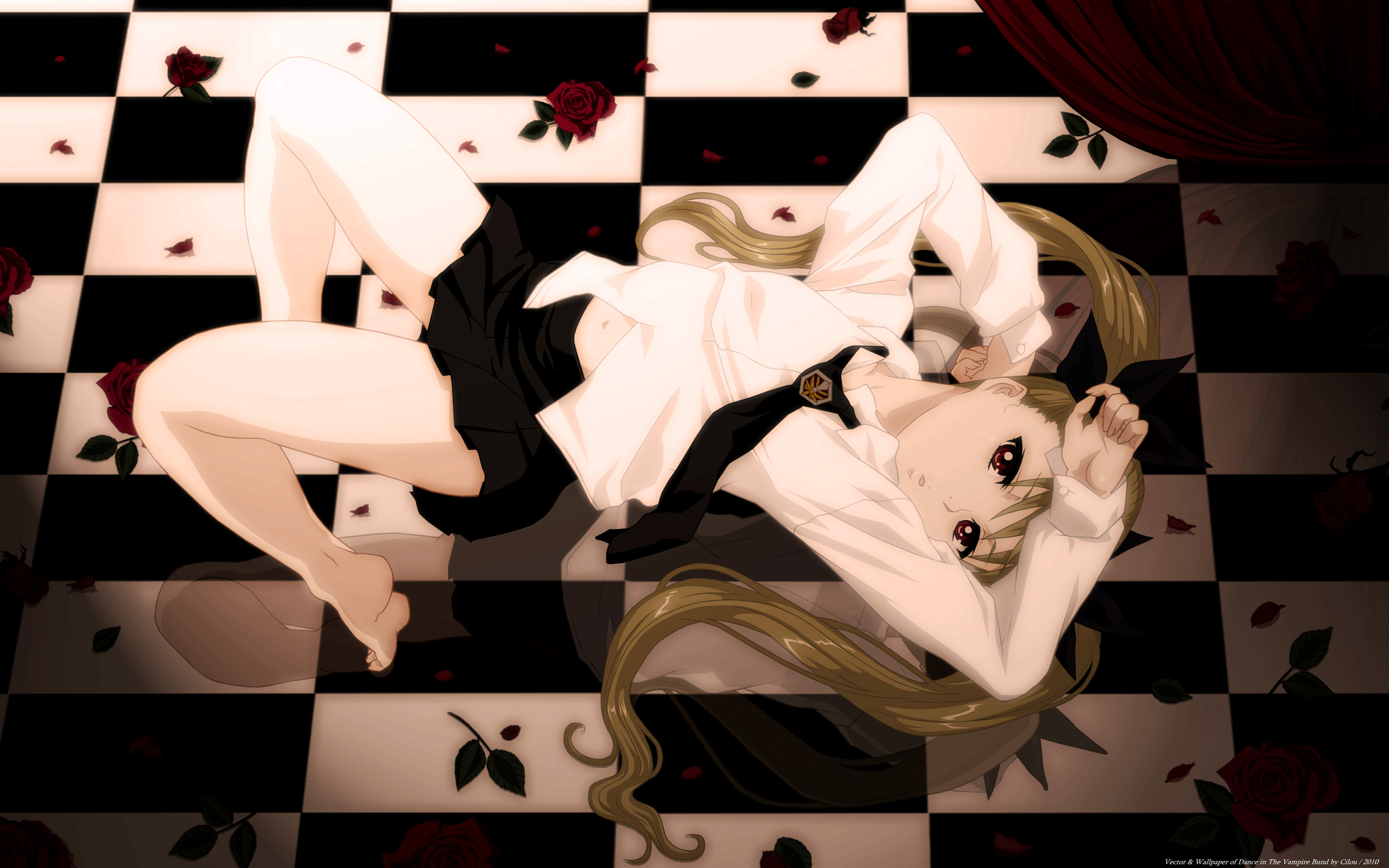 barefoot, blonde_hair, dance_in_the_vampire_bund, flowers, jpeg_artifacts, mina_tepes, school_uniform, twintails, vampire