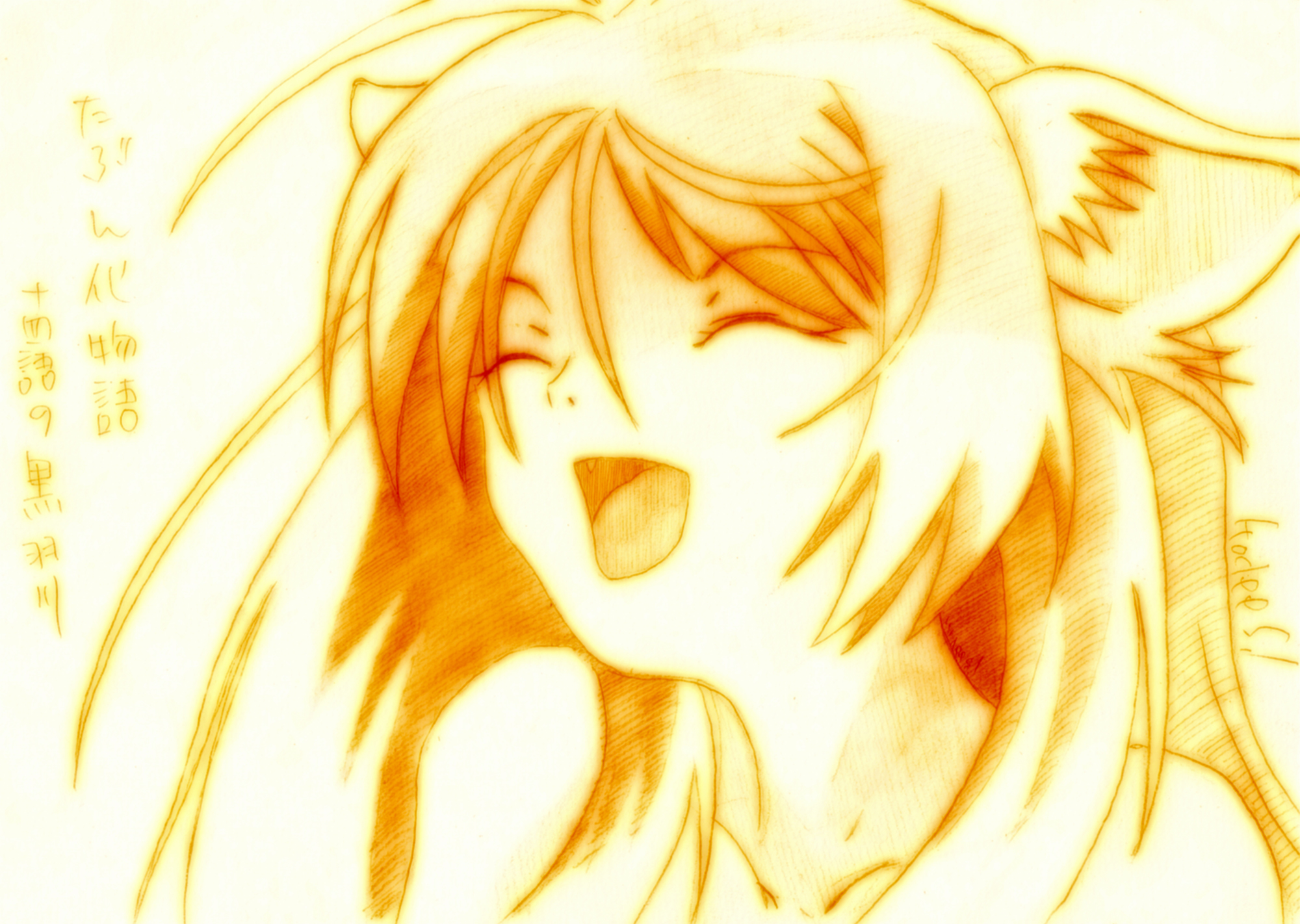 animal_ears, bakemonogatari, catgirl, fang, godees, hanekawa_tsubasa, monochrome, monogatari_(series)