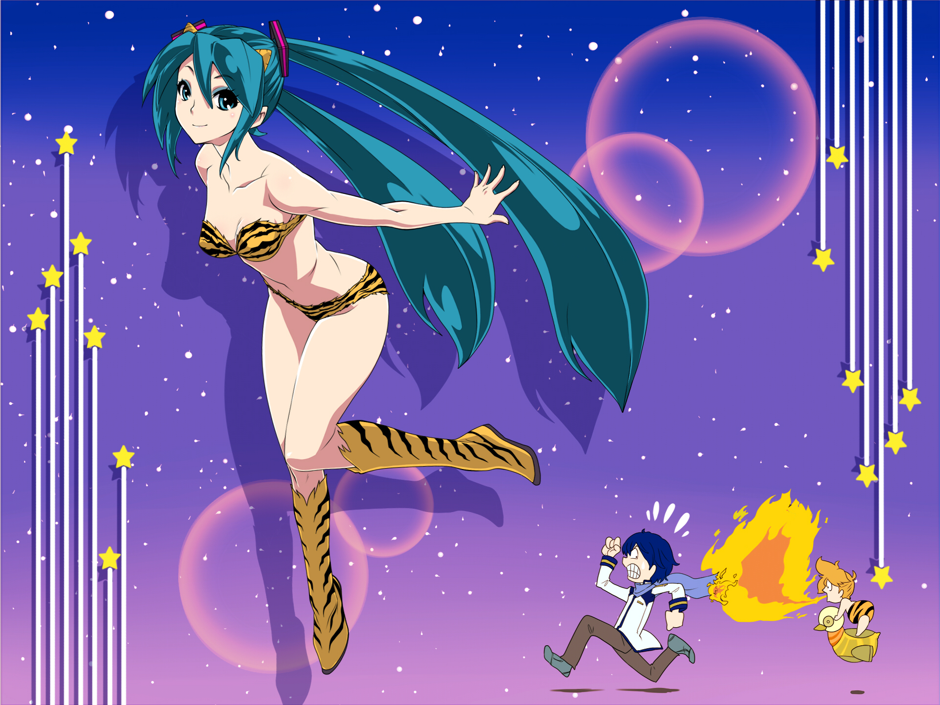 bikini, boots, cosplay, fire, hatsune_miku, hirabaru_kenji, kagamine_len, kaito, kneehighs, male, pointed_ears, space, stars, swimsuit, twintails, urusei_yatsura, vocaloid
